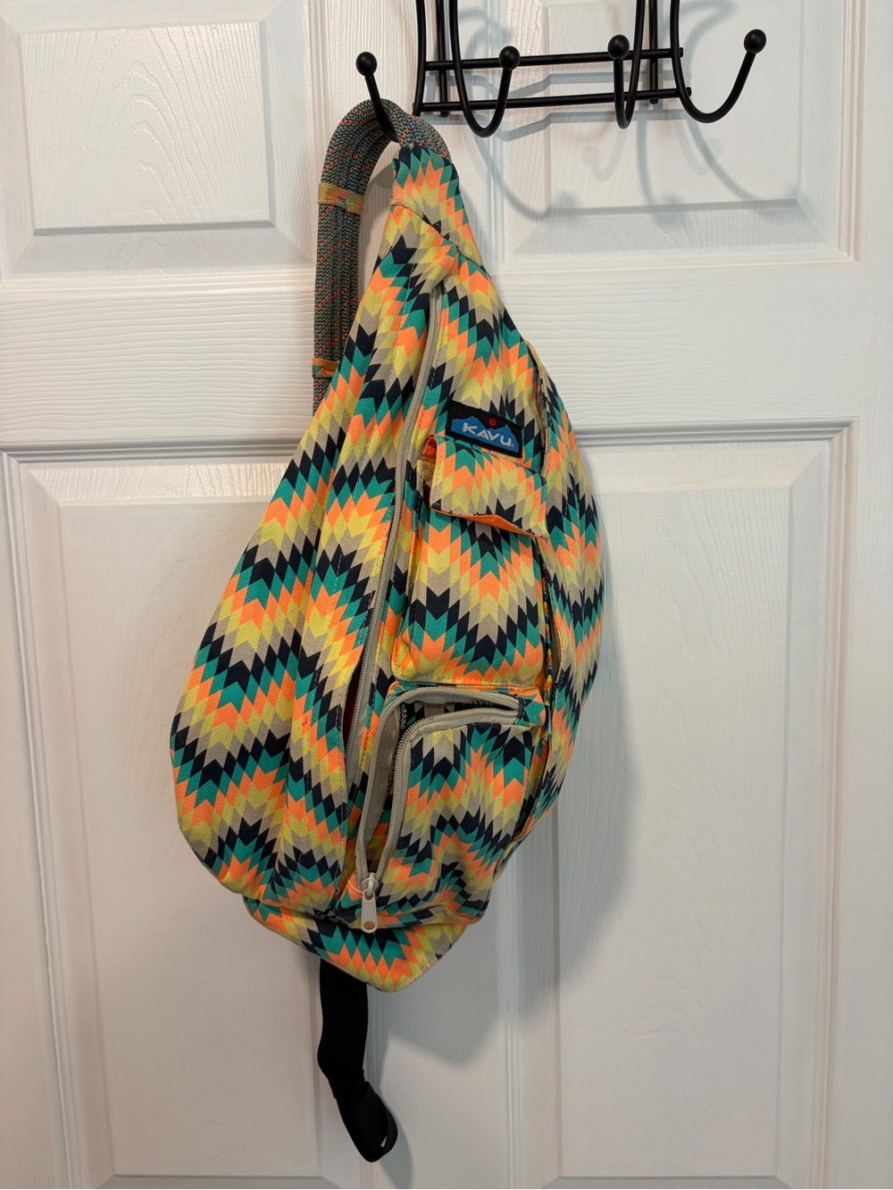 Kavu Multicolor Zigzag Sling Backpack - Yellow, Teal, Black, Cream